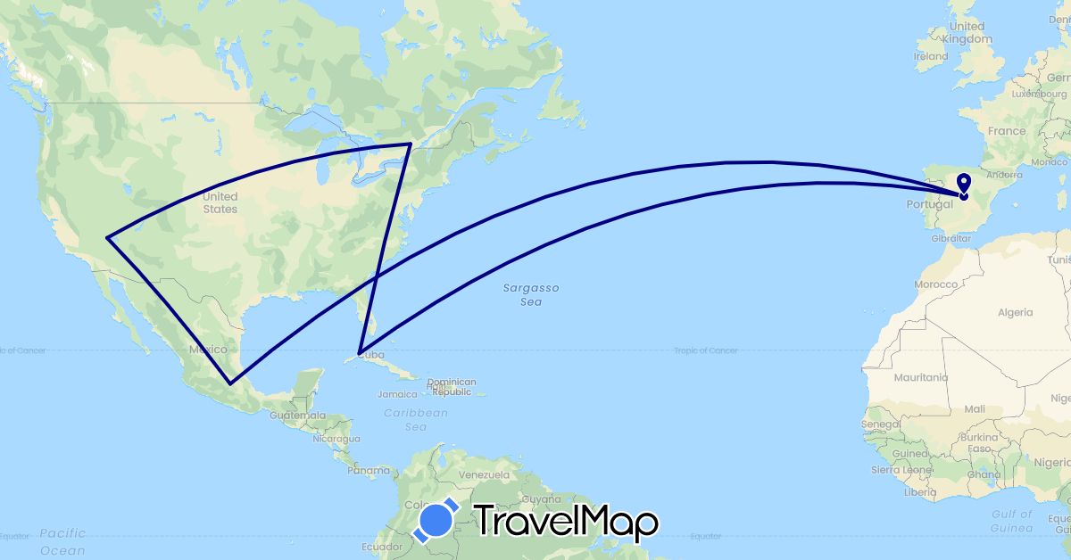 TravelMap itinerary: driving in Canada, Cuba, Spain, Mexico, United States (Europe, North America)